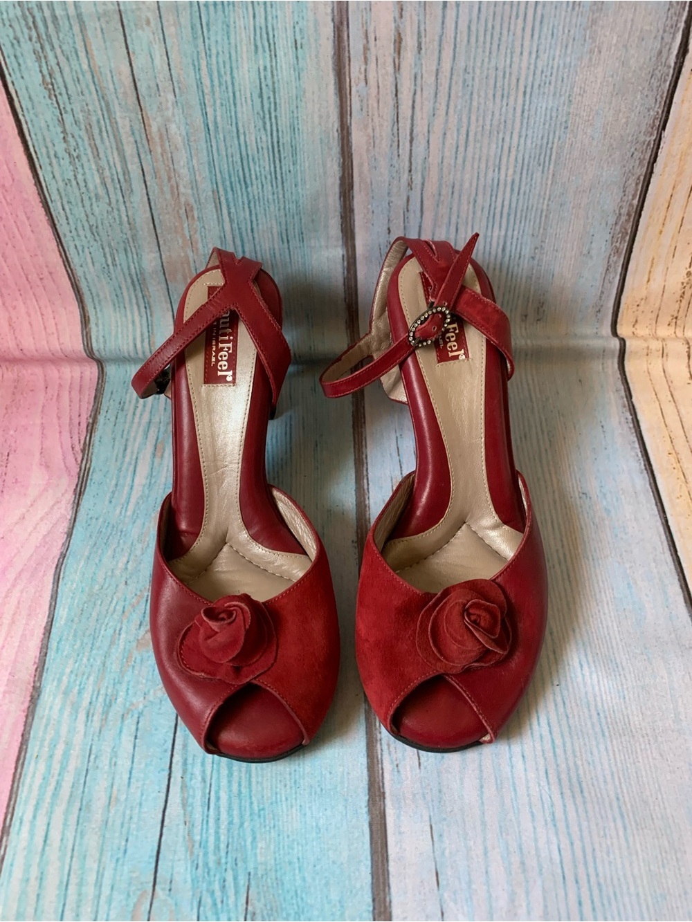 BeautiFeel Red Peep-Toe Heels with Floral Accent - Picture 2 of 11